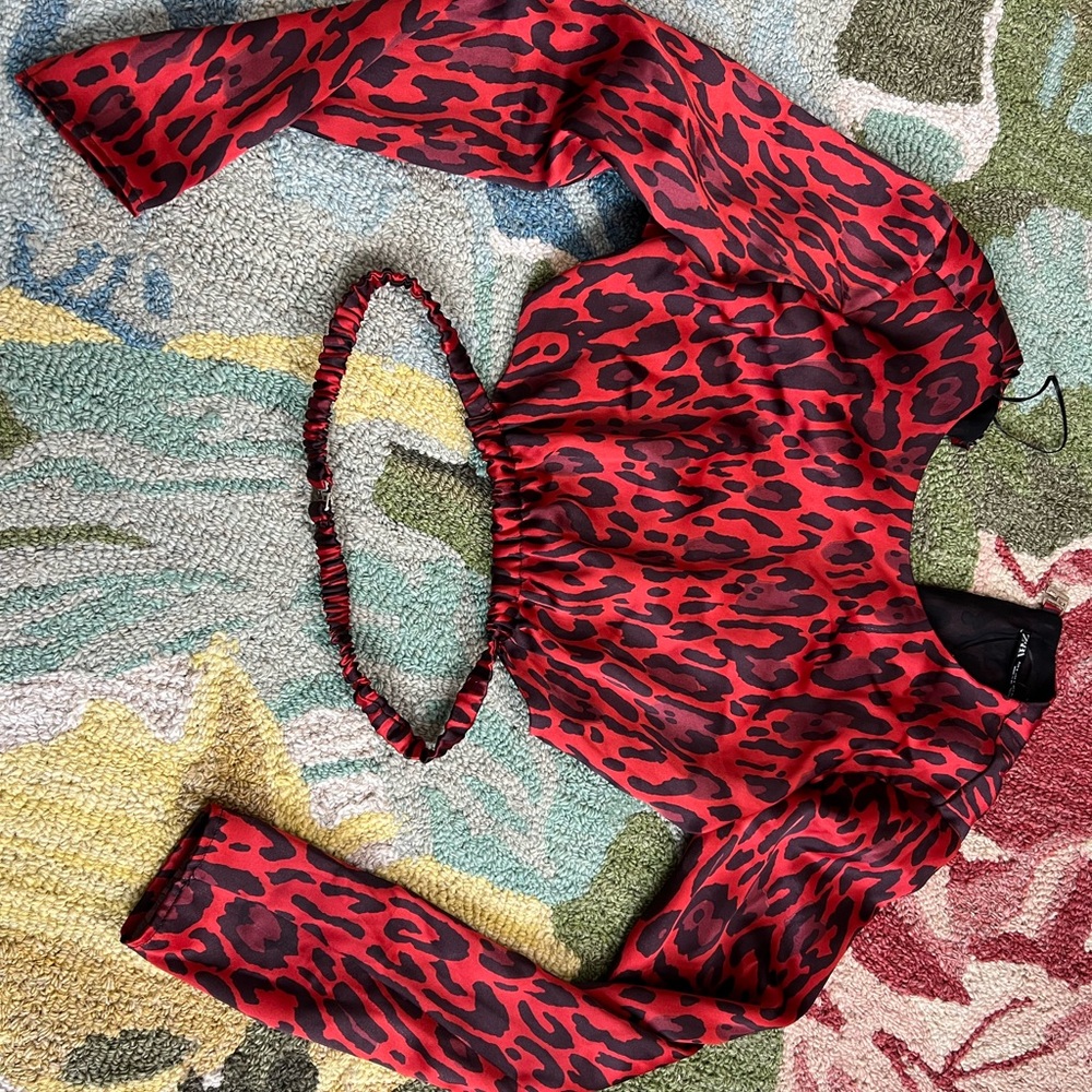 Zara Red and Black Leopard Satin Top